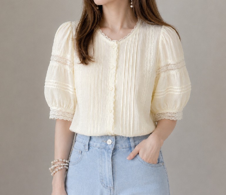 세로핀턱 레이스 오간자 볼륨소매 코튼 반팔블라우스 여성 여름 라운드넥 블라우스 - 상세 이미지 2