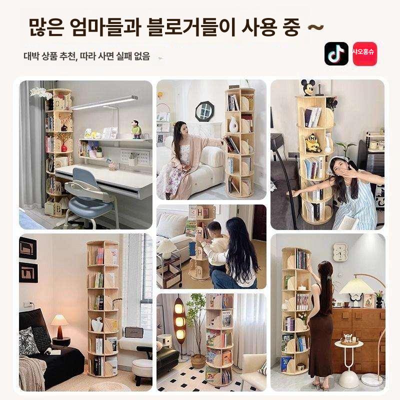 우드플레잉 원목 회전 책장 360도 이동식 전면 책꽂이 수납장 39x39x98cm - 상세 이미지 3