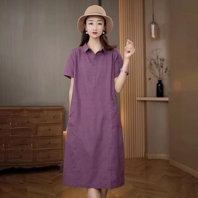 블루바구니 여름 롱 40대 원피스 순색 면 마 여름치마 린넨 반팔 카라원피스 심플 포켓 - 상세 이미지 4