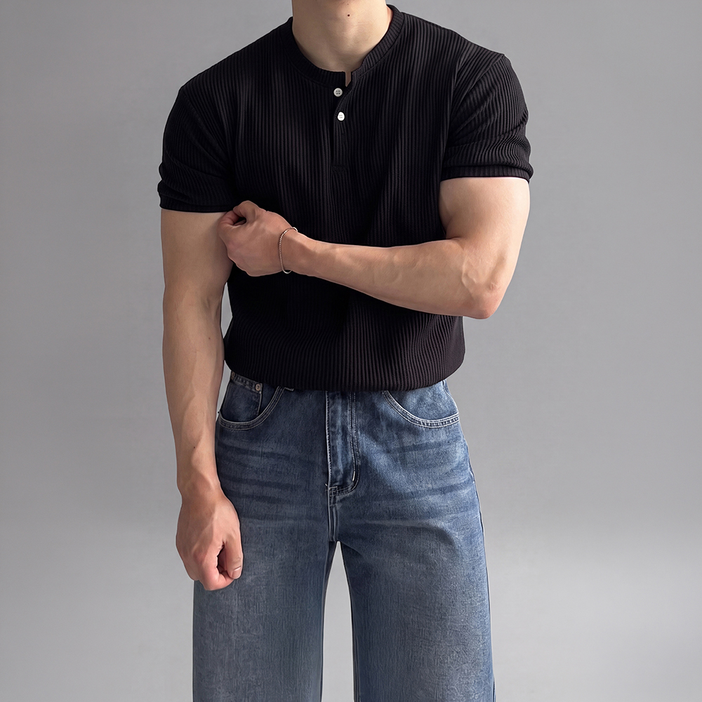 1+1 헨리넥반팔 머슬핏반팔 머슬핏헨리넥 와플티셔츠 상품 이미지