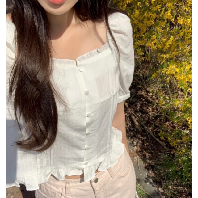 여성 스퀘어넥 블라우스 반팔 러플 장식 여름 데일리 캐주얼 여성스러운 코디 블랙 - 상세 이미지 3