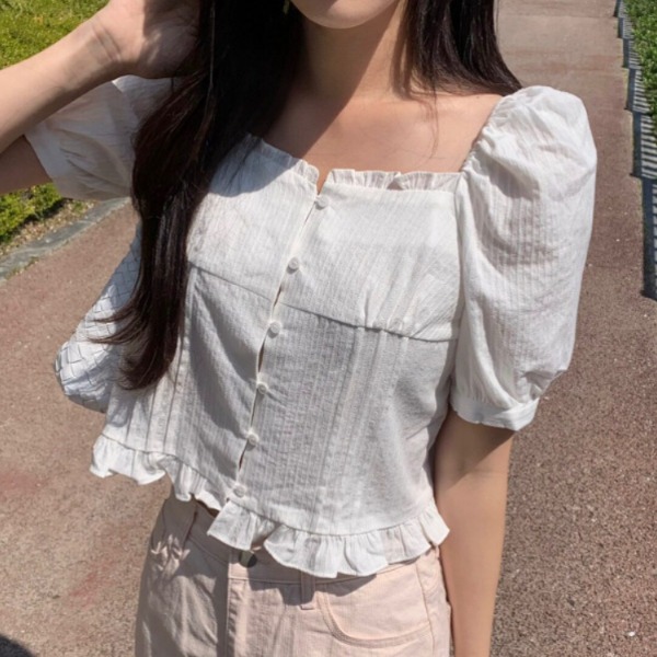 여성 스퀘어넥 블라우스 반팔 러플 장식 여름 데일리 캐주얼 여성스러운 코디 블랙 - 상세 이미지 2