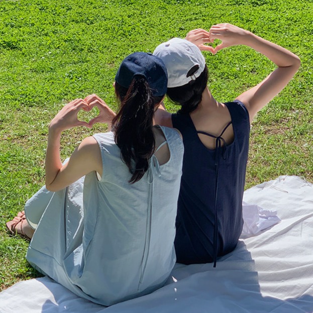라운드넥 백리본 나일론 민소매 포켓 롱 원피스 - 상세 이미지 5