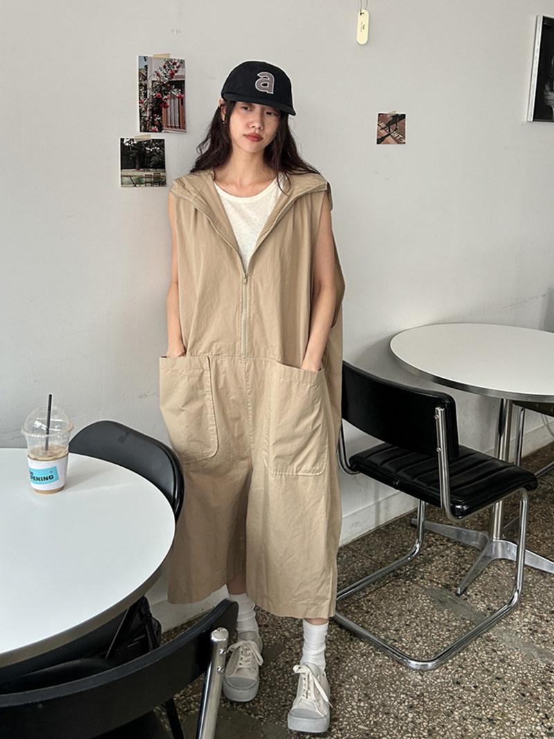 후드점프수트 귀여운 여름 여행룩 점프수트 오버핏 루즈핏 블랙 - 상품 이미지