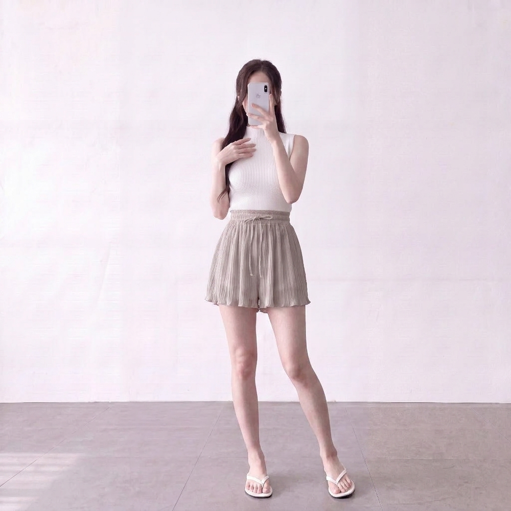 여름 여성 찰랑 플리츠 밴딩 반바지 셔링 하이웨스트 큐롯 치마바지 이미지 6