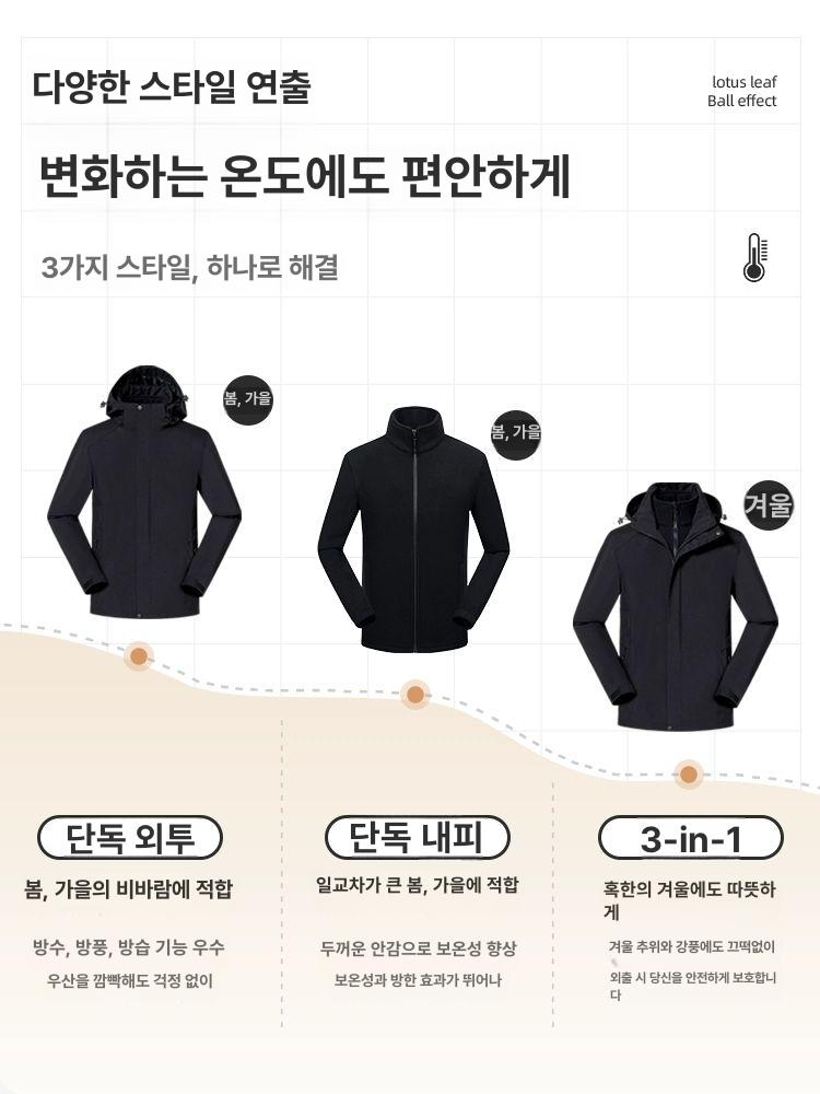 등산용바람막이 자켓 방수 하드쉘 하드쉘자켓 택티컬 트레일러닝 카키 남녀공용 3-in-1 S - 상세 이미지 3