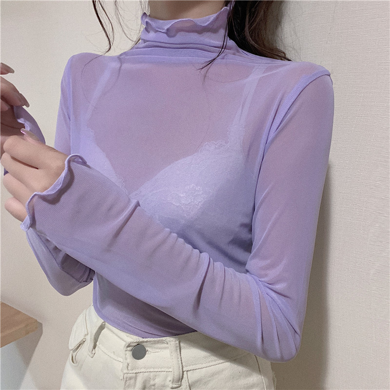 시스루 폴라티 티셔츠 컬러 망사 이너 슬림 타로퍼플 S - 상세 이미지 4