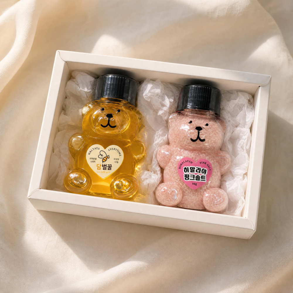 미니 곰돌이 깨 소금 꿀 2종 답례품 퇴사 회사 승진 출산휴가 답례 돌잔치 선생님 선물세트 - 상품 이미지