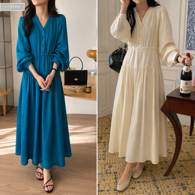 시럽 브이넥 버튼 루즈핏 맥시 봄 롱원피스 2color 봄 가을 벌룬 스트링 제이플로우 - 상품 이미지
