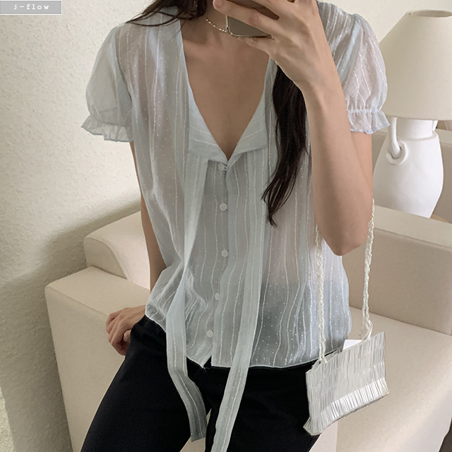 오딘 타이 브이넥 시스루 도트 블라우스 3col L,XL 여름 빅사이즈 텐셀 제이플로우 이미지 6