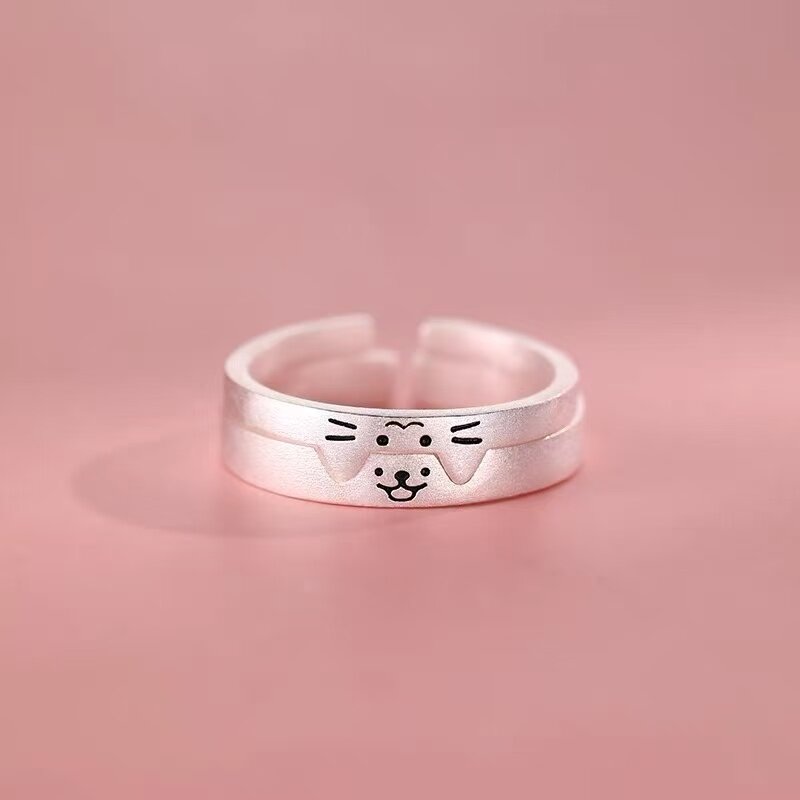 실버 고양이 강아지 커플 반지 오픈형 - 상세 이미지 3