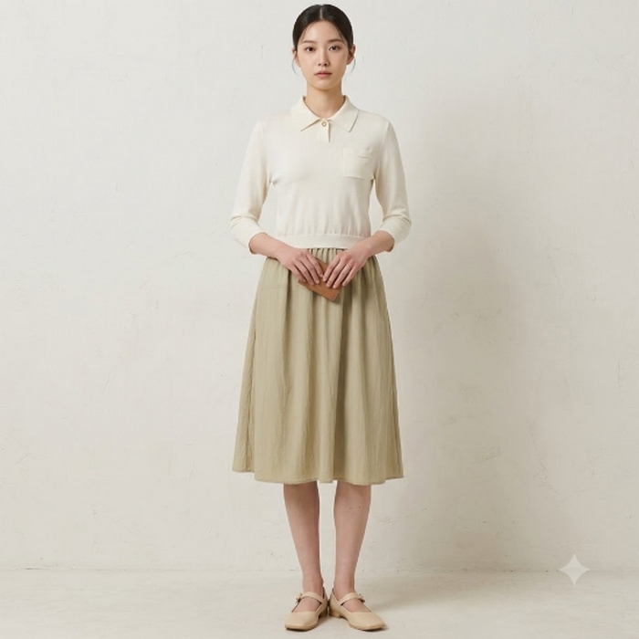 헤지스골프 여성 여름 초가을 우븐 니트 배색 캐주얼 골프룩 롱 원피스 - 상세 이미지 3