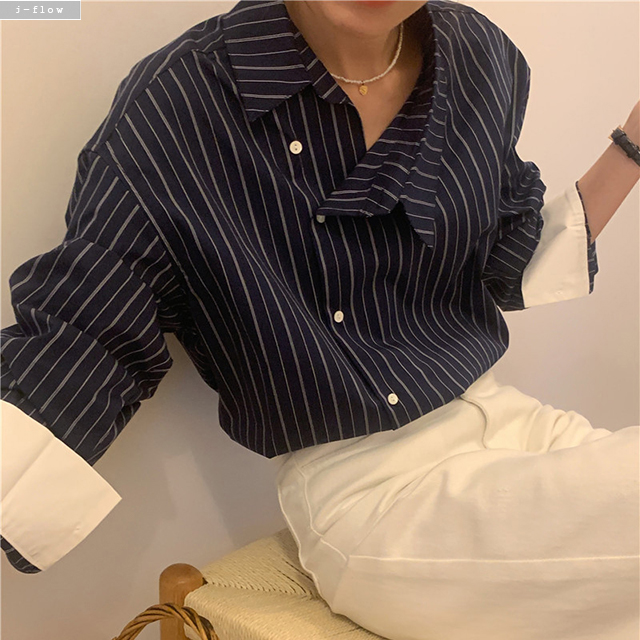 더엘 스트라이프 사이드버튼 카라넥 셔츠 2col 가을 봄 루즈핏 배색 코튼 제이플로우 - 상세 이미지 2