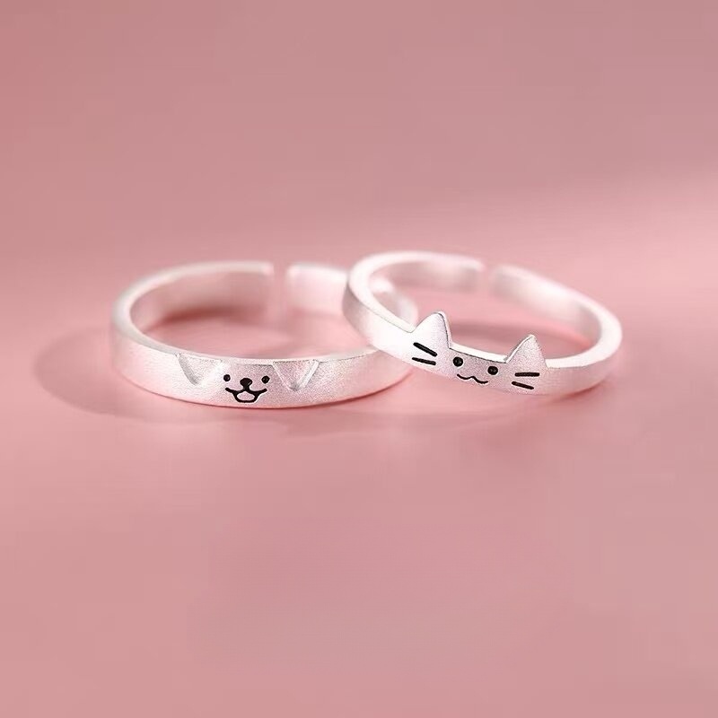 실버 고양이 강아지 커플 반지 오픈형 - 상품 이미지