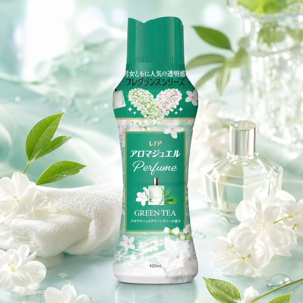일본 레노아 아로마쥬얼 비즈 섬유유연제 향기부스터 그린티 420ml - 상품 이미지