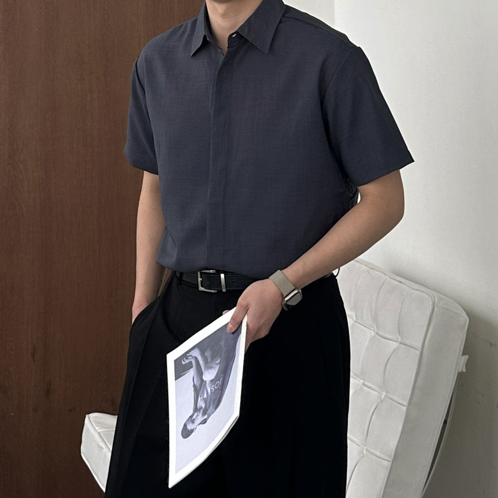 1+1 남자 반팔셔츠 오버핏 링클프리 실크 여름 남방 남성 와이 셔츠 - 상세 이미지 2