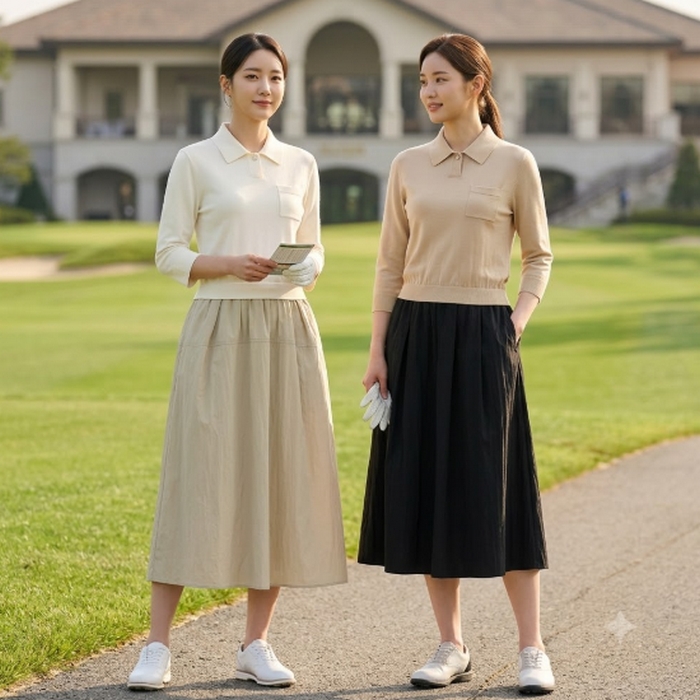 헤지스골프 여성 여름 초가을 데일리 니트배색 우븐 골프룩 롱 원피스 - 상세 이미지 2