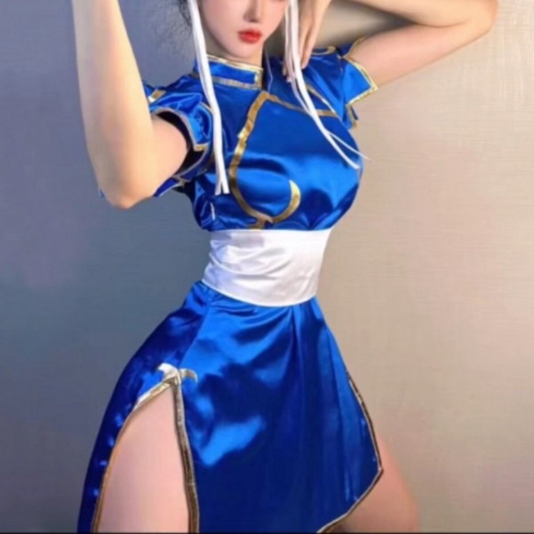 춘리 치파오 코스프레 게임 코스튬 할로윈 의상 츈리 성인용블루(헤어장식포함)S - 상세 이미지 2