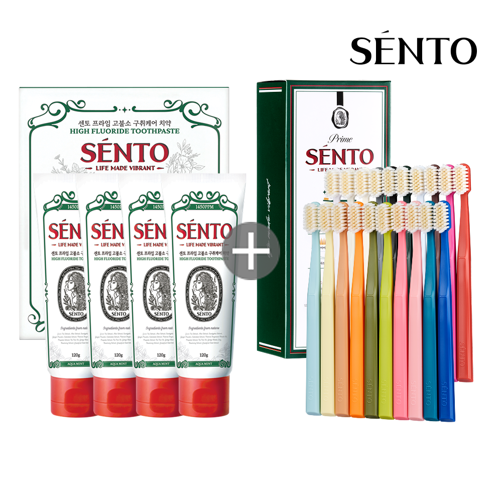 [치약+칫솔세트] 센토 프라임 고불소/무불소 치약 120g 4개 + 초미세모 칫솔 - 상품 이미지