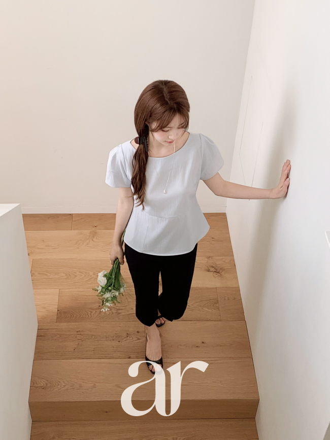 (국내제작) 린넨 보트넥 페플럼 플레어 반팔 블라우스 bs8871 이미지 6
