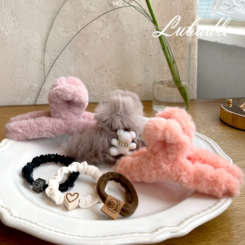 루바들+ 6종세트 13cm 11cm 곰돌이 퍼 털 헤어집게핀 머리 고무줄 연말 선물 - 상세 이미지 3