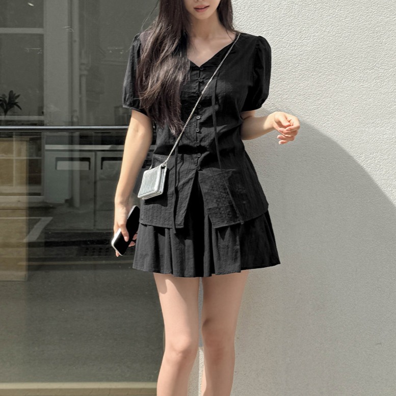 여름 퍼프소매 코튼 레이스 스트랩 블라우스 이미지 7