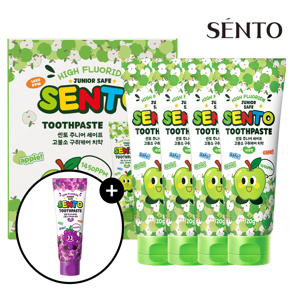 센토 주니어 비건 어린이치약 유아 초등학생 고불소 사과향 120g 4개+포도향 120g 2개 - 상품 이미지