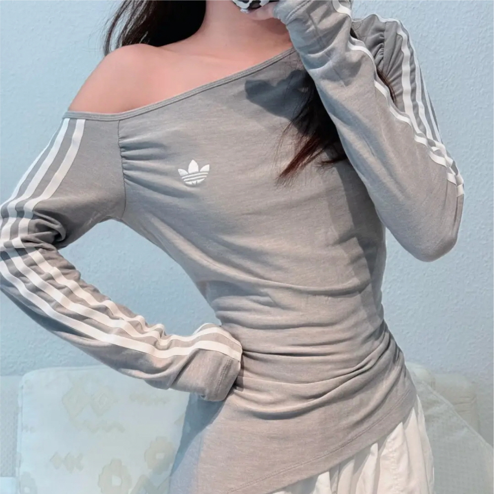 아디다스티셔츠 우먼스 오리지널 원숄더 비대칭 슬림핏 긴팔 티셔츠 그레이 LE8311 - 상품 이미지