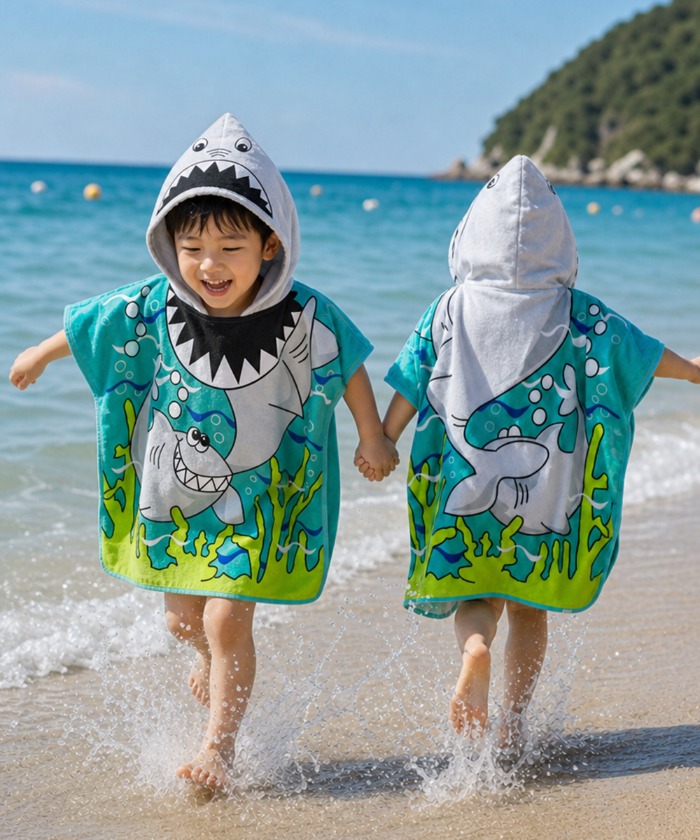 (다르담) 어린이 초등 유아 키즈 아기 비치가운 샤워 목욕가운 여름 물놀이 수영 입는 후드 상어 비치타올 - 상품 이미지