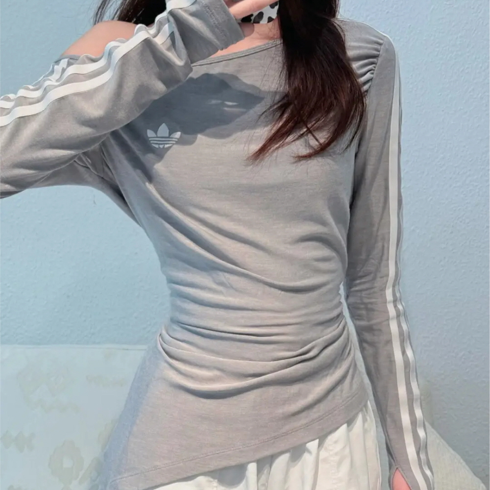 아디다스티셔츠 우먼스 오리지널 원숄더 비대칭 슬림핏 긴팔 티셔츠 그레이 LE8311 - 상세 이미지 4