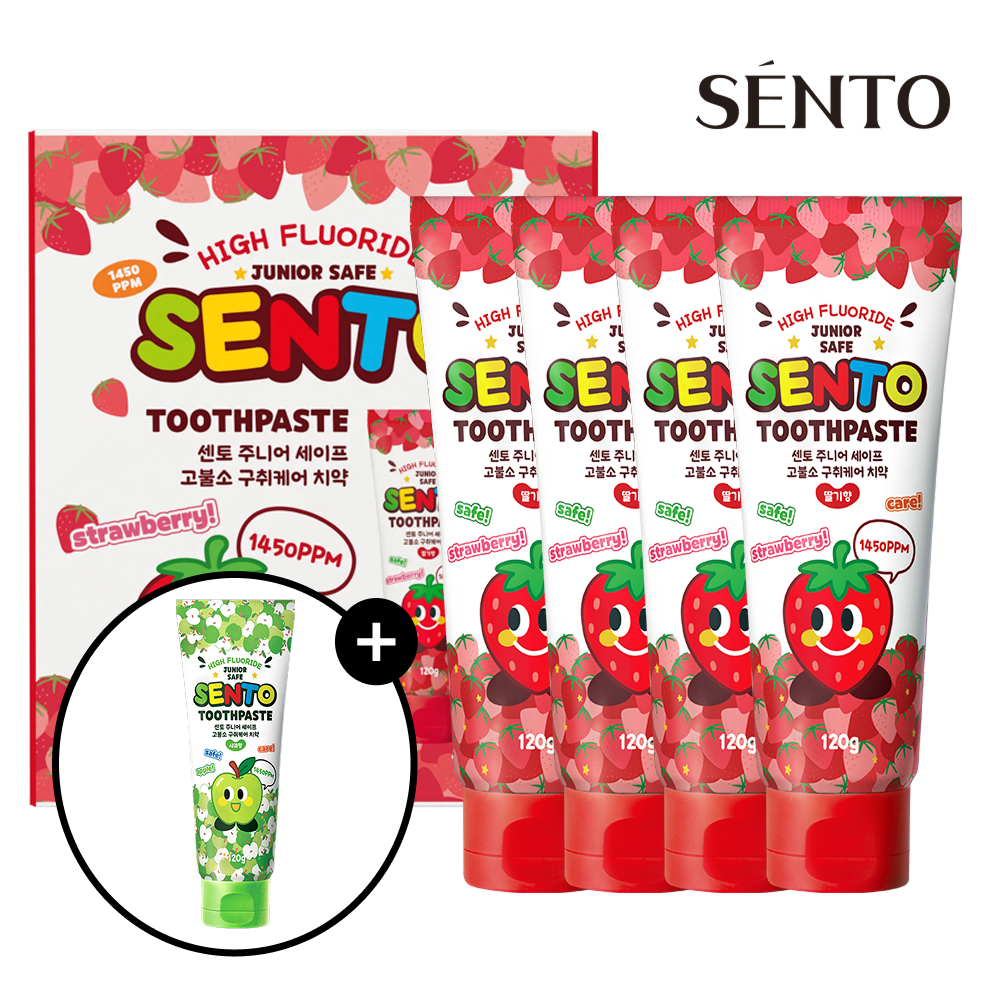 센토 주니어 비건 어린이치약 유아 초등학생 고불소 딸기향 120g 4개+사과향 120g 2개 - 상품 이미지
