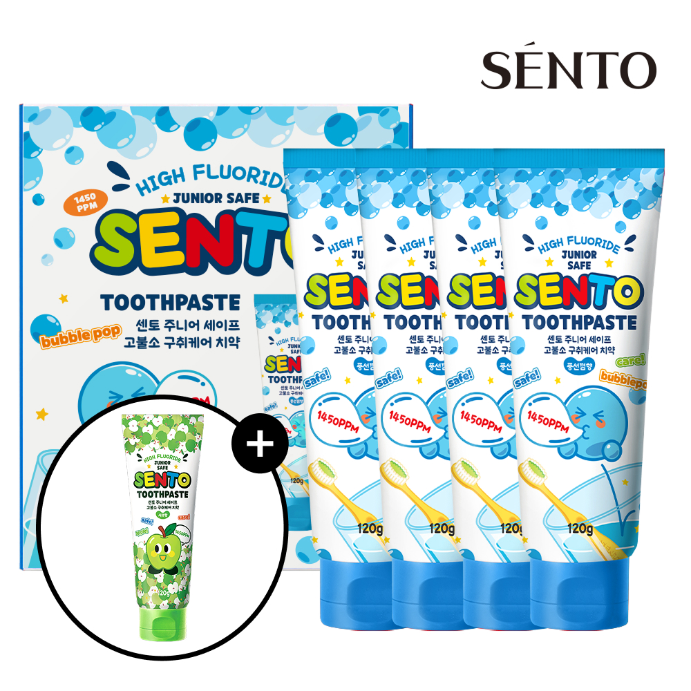 센토 주니어 비건 어린이치약 유아 초등학생 고불소 풍선껌향 120g 4개+사과향 120g 2개 - 상품 이미지