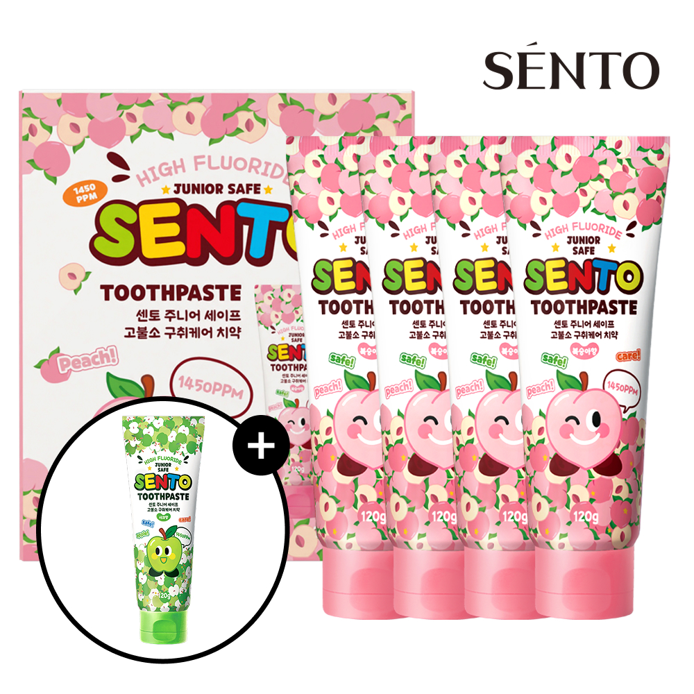 센토 주니어 비건 어린이치약 유아 초등학생 고불소 복숭아향 120g 4개+사과향 120g 2개 - 상품 이미지