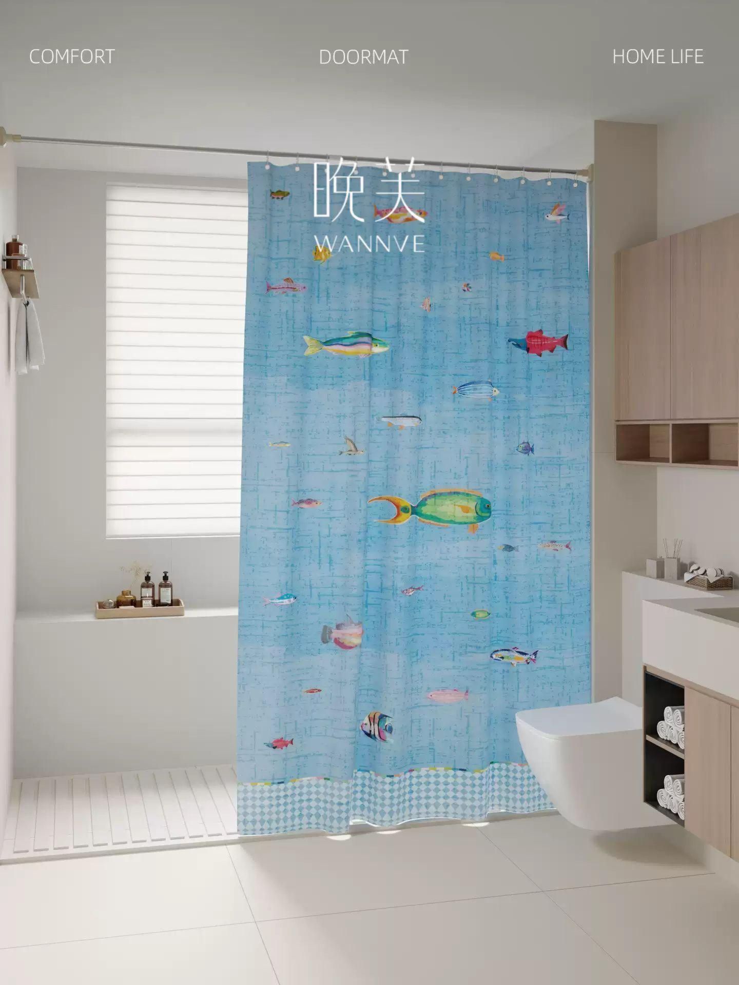 방수 금붕어 샤워 커튼 욕실 커텐 화장실 샤워막 가림막 리틀워터블루 80x180cm - 상세 이미지 3