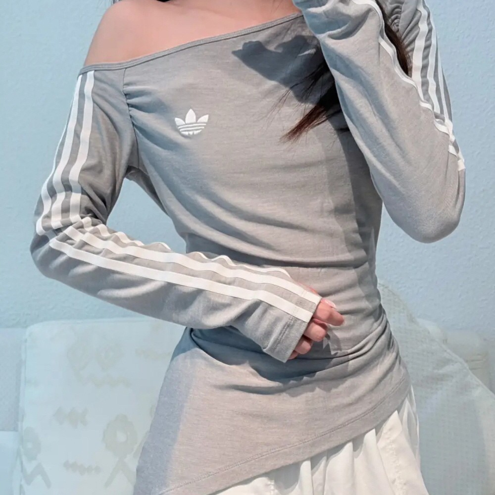 아디다스티셔츠 우먼스 오리지널 원숄더 비대칭 슬림핏 긴팔 티셔츠 그레이 LE8311 - 상세 이미지 3