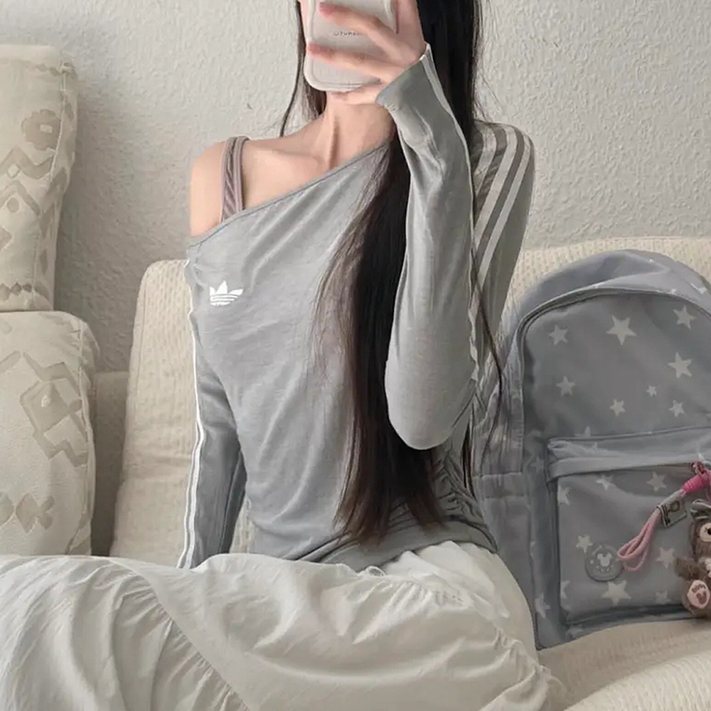 아디다스티셔츠 우먼스 오리지널 원숄더 비대칭 슬림핏 긴팔 티셔츠 그레이 LE8311 이미지 6