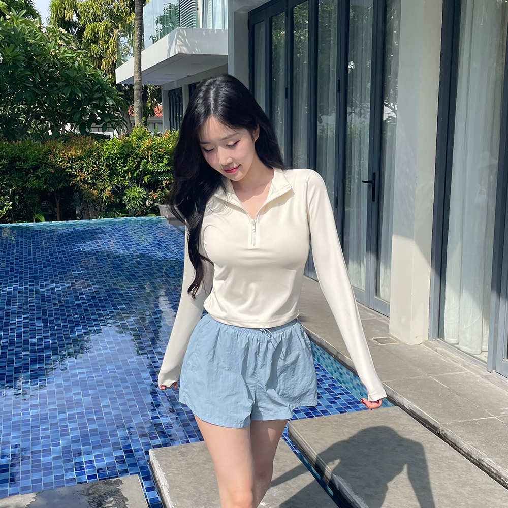 [N배송]크라시앙 여성 반집업 크롭 체형커버 긴팔 래쉬가드 상의 비키니 커버업 휴양지 수영장 수영복 - 상세 이미지 5