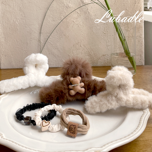 루바들+ 6종세트 13cm 11cm 곰돌이 퍼 털 헤어집게핀 머리 고무줄 연말 선물 - 상품 이미지