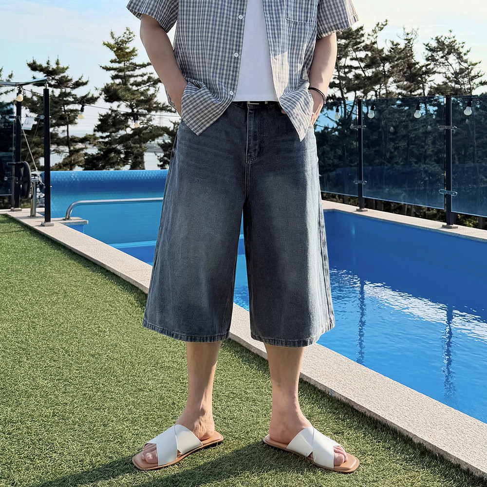 남자 스퀴 여름 얇은 8부 버뮤다 와이드 데님 팬츠 - 상품 이미지