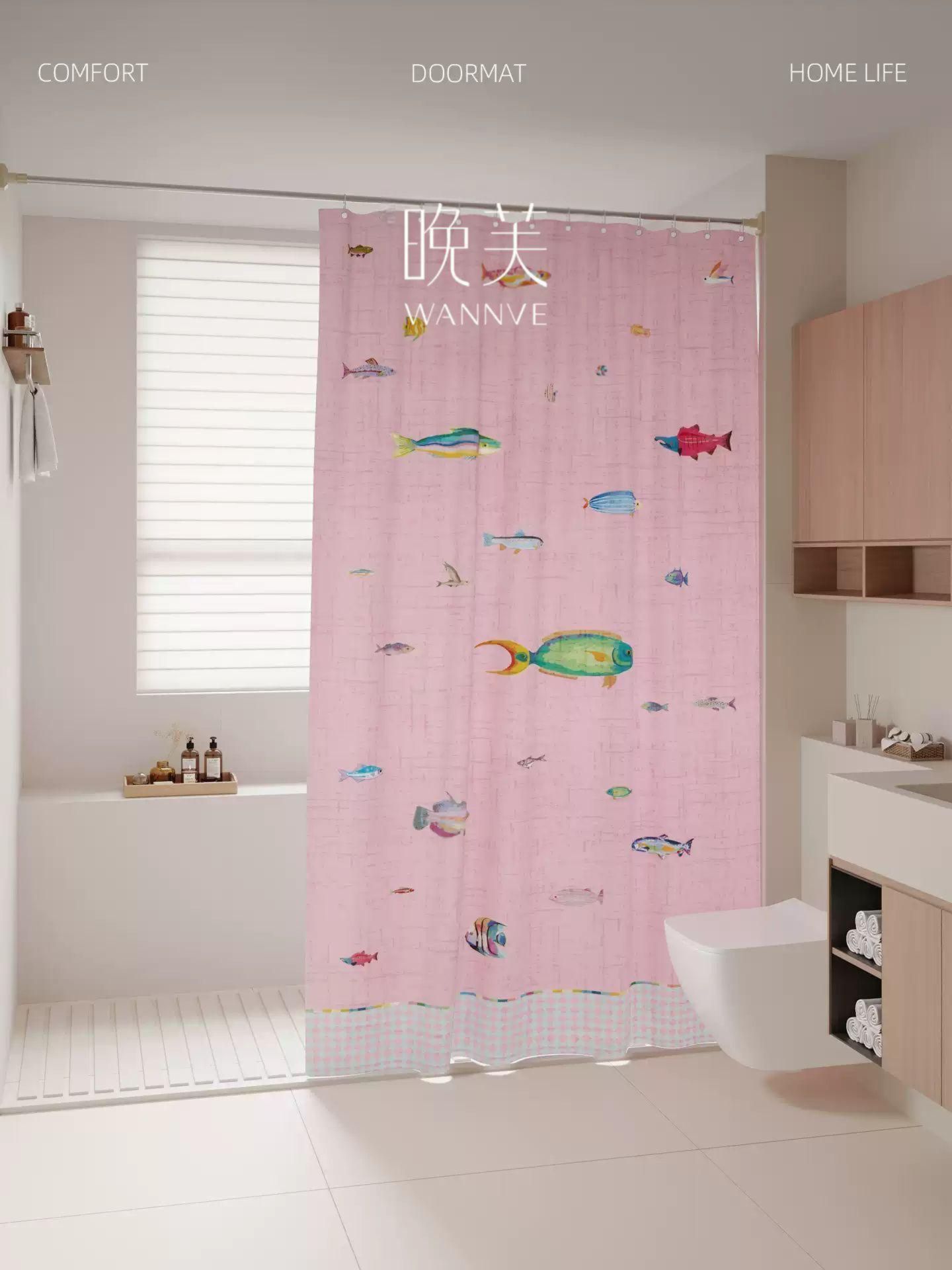 방수 금붕어 샤워 커튼 욕실 커텐 화장실 샤워막 가림막 리틀워터블루 80x180cm - 상세 이미지 4