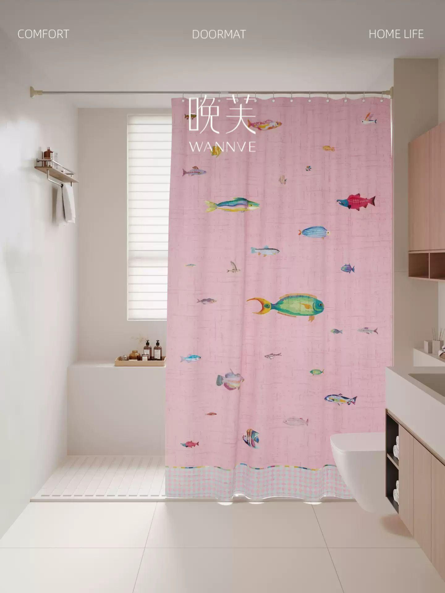 방수 금붕어 샤워 커튼 욕실 커텐 화장실 샤워막 가림막 리틀워터블루 80x180cm - 상세 이미지 2