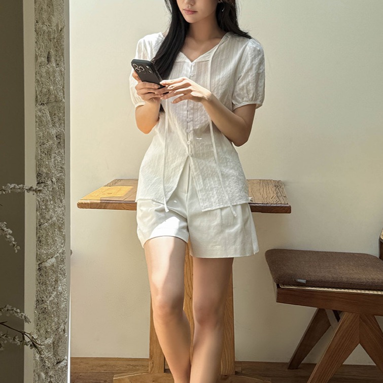 여름 퍼프소매 코튼 레이스 스트랩 블라우스 이미지 6