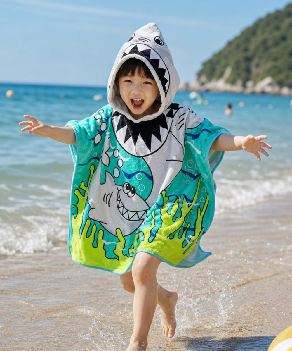 (다르담) 어린이 초등 유아 키즈 아기 비치가운 샤워 목욕가운 여름 물놀이 수영 입는 후드 상어 비치타올 - 상세 이미지 2
