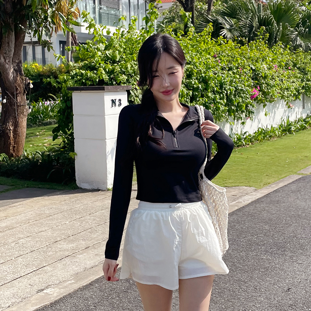 [N배송]크라시앙 여성 반집업 크롭 체형커버 긴팔 래쉬가드 상의 비키니 커버업 휴양지 수영장 수영복 이미지 6
