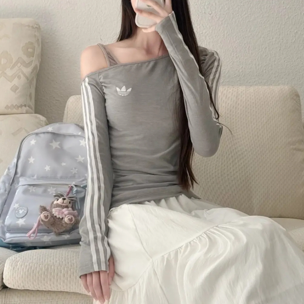 아디다스티셔츠 우먼스 오리지널 원숄더 비대칭 슬림핏 긴팔 티셔츠 그레이 LE8311 - 상세 이미지 5