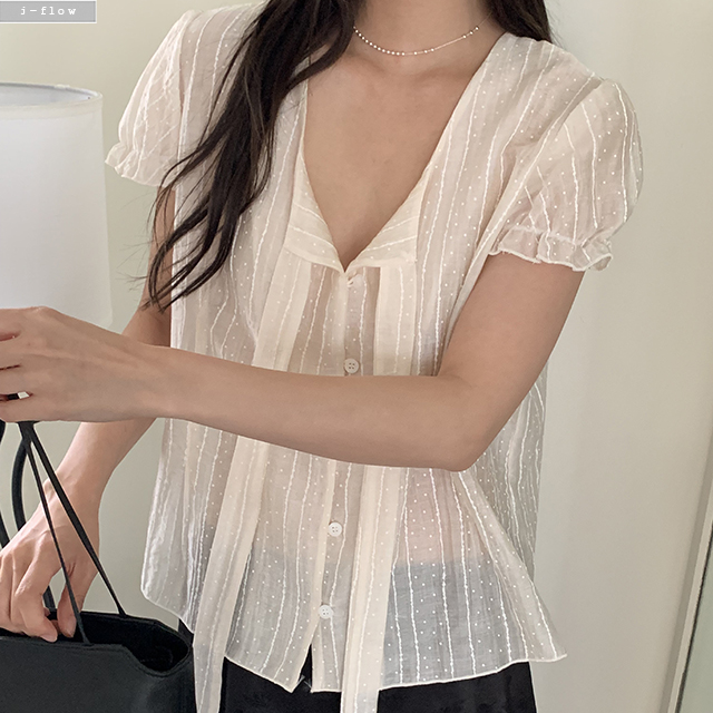 오딘 타이 브이넥 시스루 도트 블라우스 3col L,XL 여름 빅사이즈 텐셀 제이플로우 - 상품 이미지