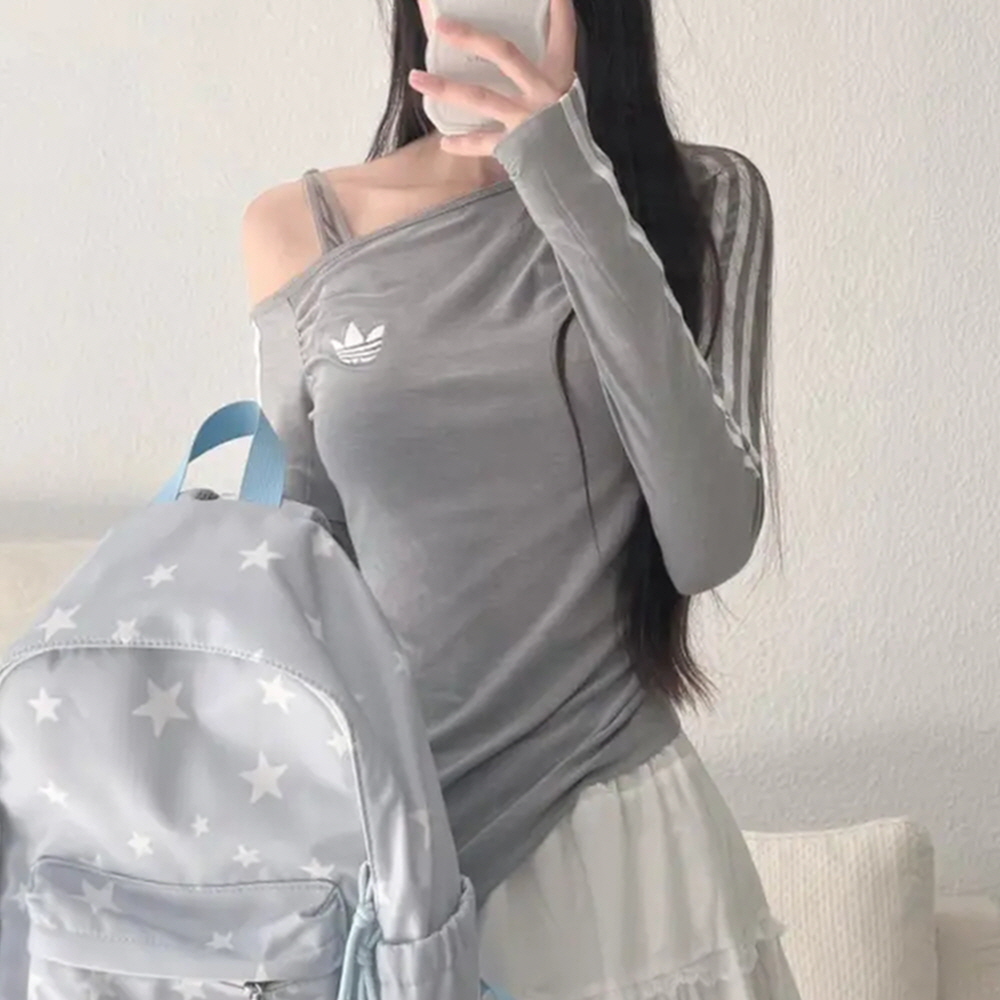 아디다스티셔츠 우먼스 오리지널 원숄더 비대칭 슬림핏 긴팔 티셔츠 그레이 LE8311 이미지 7