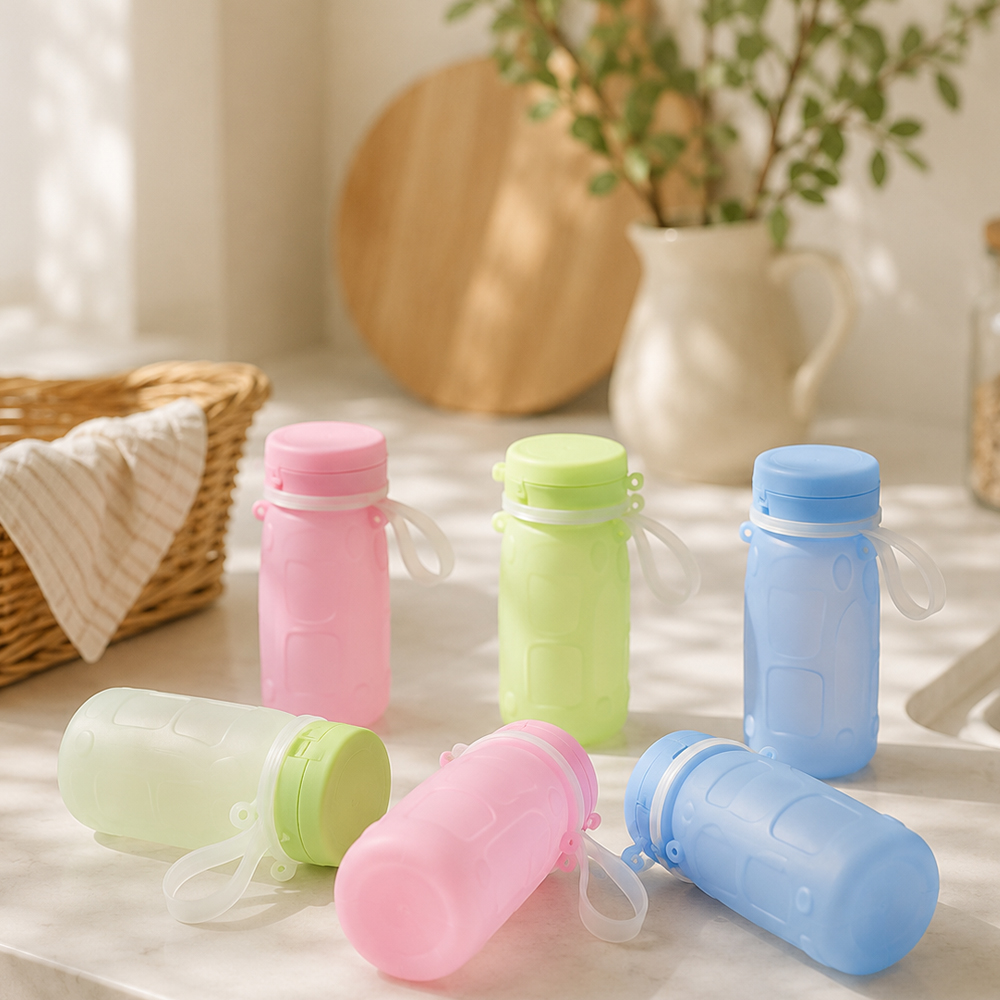 아가프라 실리콘빨대컵+어깨끈+슬러시탑 300ml 접이식 물통 물주머니 ,견학물병,어린이집 - 상품 이미지