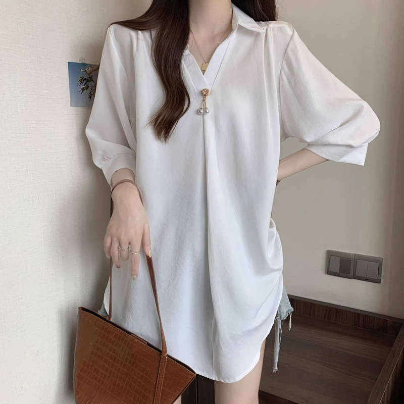 7부 블라우스 빅사이즈 여성 브이넥 쉬폰 루즈핏 캐주얼 하객룩 여자 오피스룩 블랙 L - 상세 이미지 5
