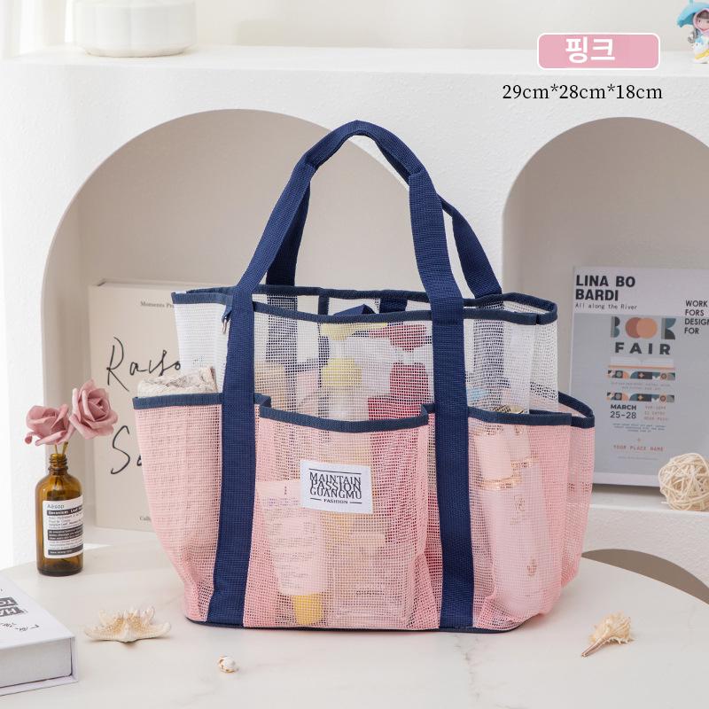 여성 대용량 메쉬 화장품 여행용 샤워 수납 가방 블랙 (대형+소형 원형가방) 29x28x18CM 이미지 8
